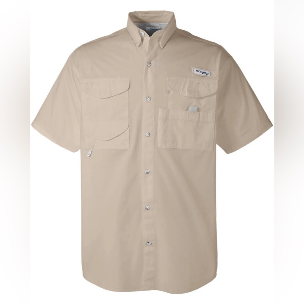 Columbia PFG Bonehead Khaki Tan Button Up Shirt Men Sz L Fishing Boating